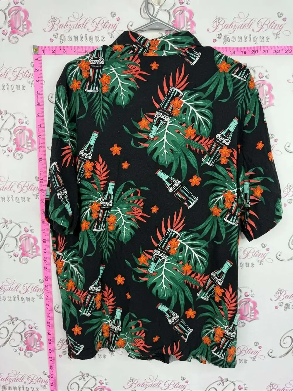 Coca Cola Black Tropical Button-Up Shirt with Green and Orange Print